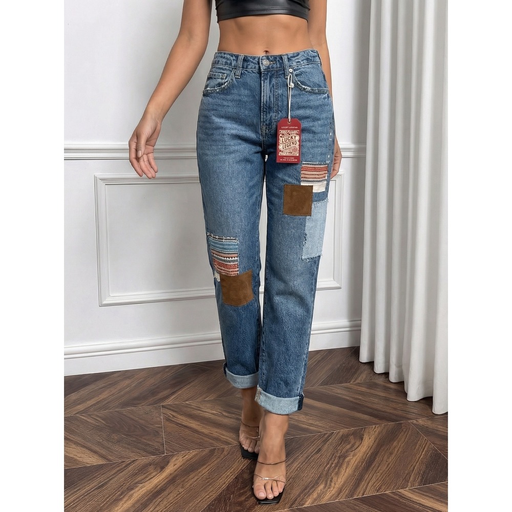 NEW Lucky Brand Legend Boy Mid Rise Relaxed Straight Patchwork Jeans Womens 0/25